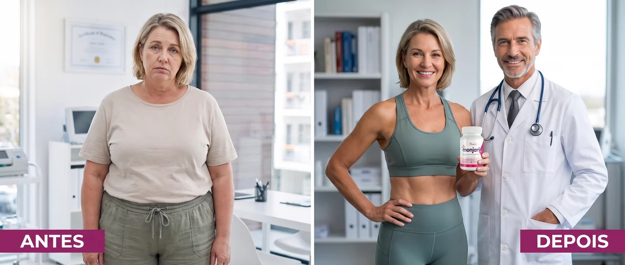 Antes e depois de paciente com Monjarim ao lado de médico segurando o frasco do suplemento
